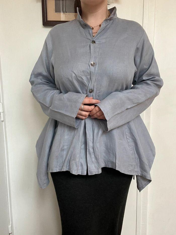 Chemise asymétrique de designer Sarah Pacini taille L en 100%lin bleu gris - photo numéro 4