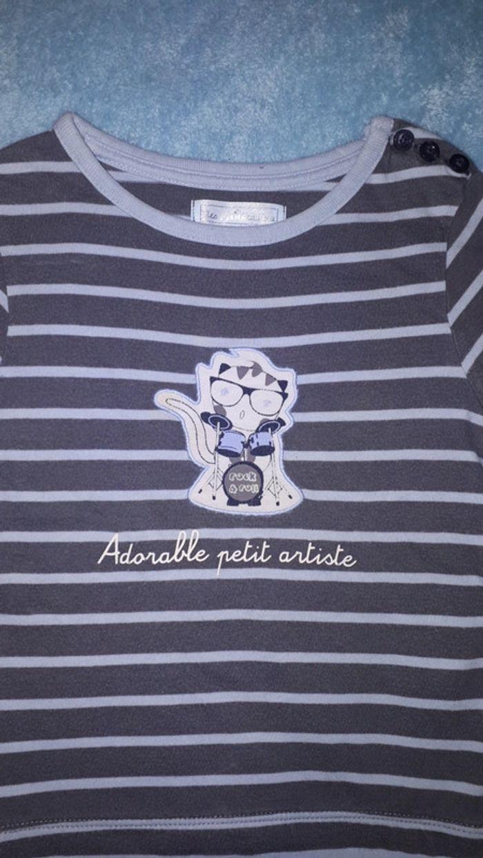 T-shirt manches longues rayé bleu ciel et gris chat Mes Petits Cailloux 18 mois - photo numéro 2