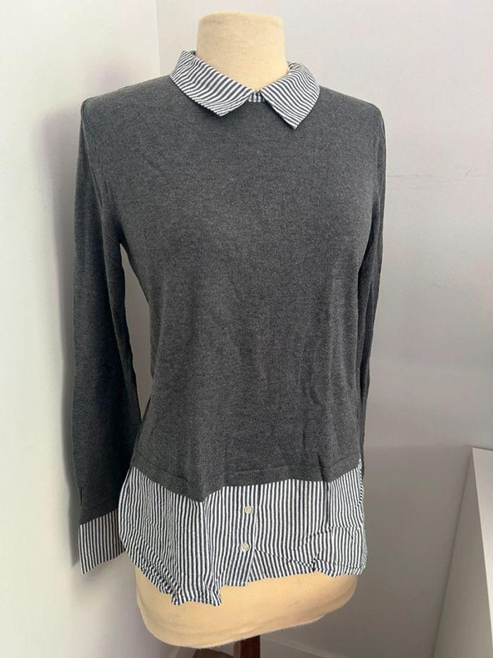 Pull gris avec sous-chemise à rayures long - photo numéro 2