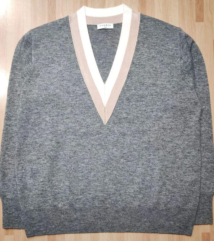 Pull col V sport chic gris chiné Laine Cachemire, T.L/40, Sandro - photo numéro 5