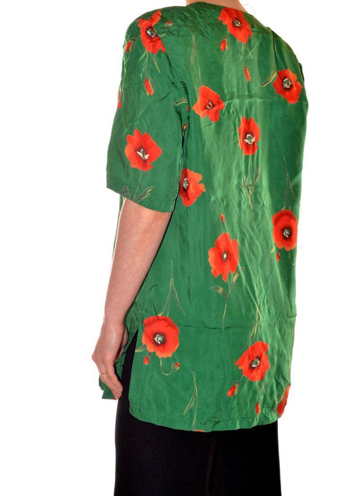 Long chemisier vintage à épaulettes fluide col V vert motif fleurs rouge coquelicot taille 44 - photo numéro 6