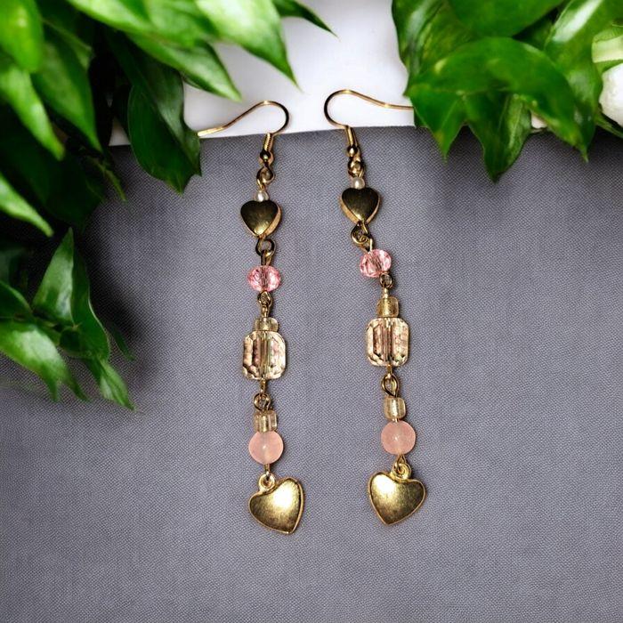 Longue boucles d oreilles en perles et cristal rose acier inoxydable doré - photo numéro 2