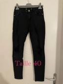 Pantalon noir extensible taille haute coupe skinny effet déchiré devant genou taille 40