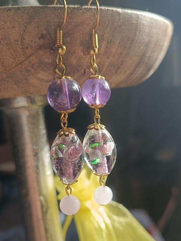 Boucles d'oreilles améthyste et quartz rose - photo numéro 5