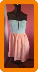 Robe bustier en jeans et mousseline rose