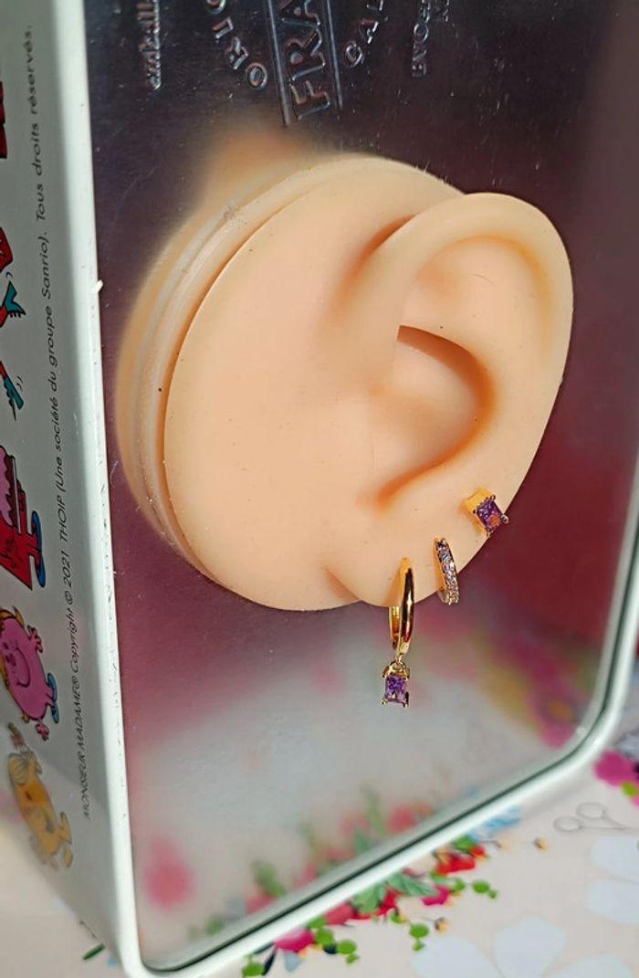 Boucle d'oreille trio violet acier inoxydable - photo numéro 2