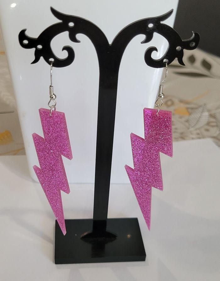 BOUCLES D'OREILLES ECLAIR ROSE PAILLETTES ANNEE 80 ! NEUF! - photo numéro 1