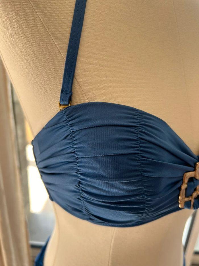 Maillot de bain 2 pièces bleu bijoux doré culotte plissée ajustable taille haute ou basse - photo numéro 3