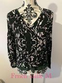 Blouse à manches longues vert foncé à motifs noir et blanc col V lacet dos Frnch taille M