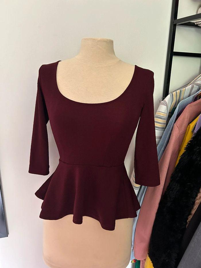 Top peplum bordeaux manches 3/4 - photo numéro 1