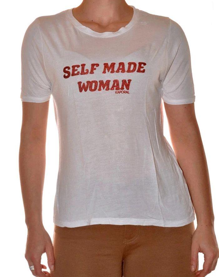 tshirt taille M blanc uni motif texte self made woman kaporal en rouge  coupe classique - photo numéro 2