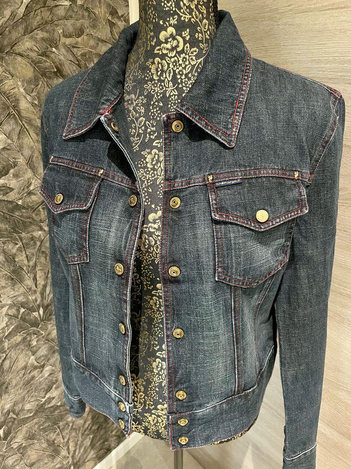 Veste blue jean originale boutons dorés et fils rouges M - photo numéro 6