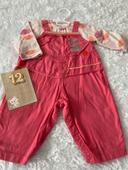 Ensemble pantalon salopette pull Marese rose 12 mois tbe