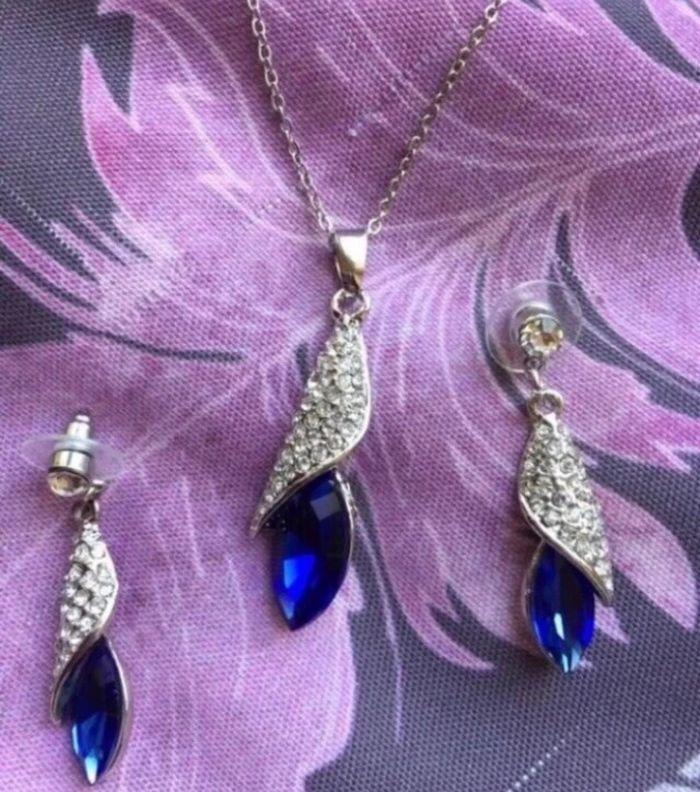 🌹Ensemble Bijoux Collier Pendentif Paires Boucles D’oreilles Pendants Cristal Bleu Royale - photo numéro 7