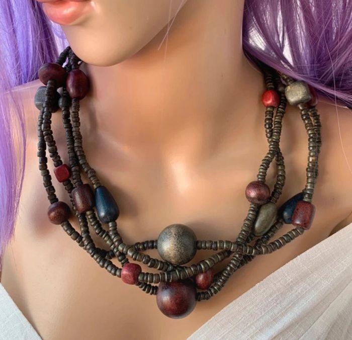 Collier multirang perles bois style africain tons marron et kaki - photo numéro 2