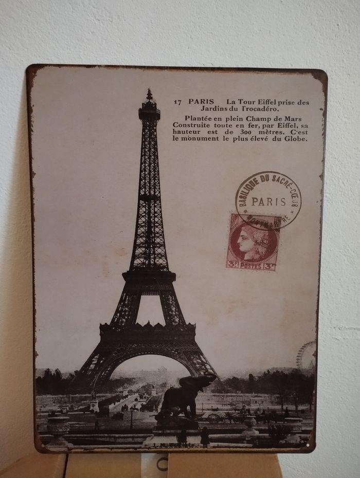 Plaque métal Paris Tour Eiffel effet carte postale