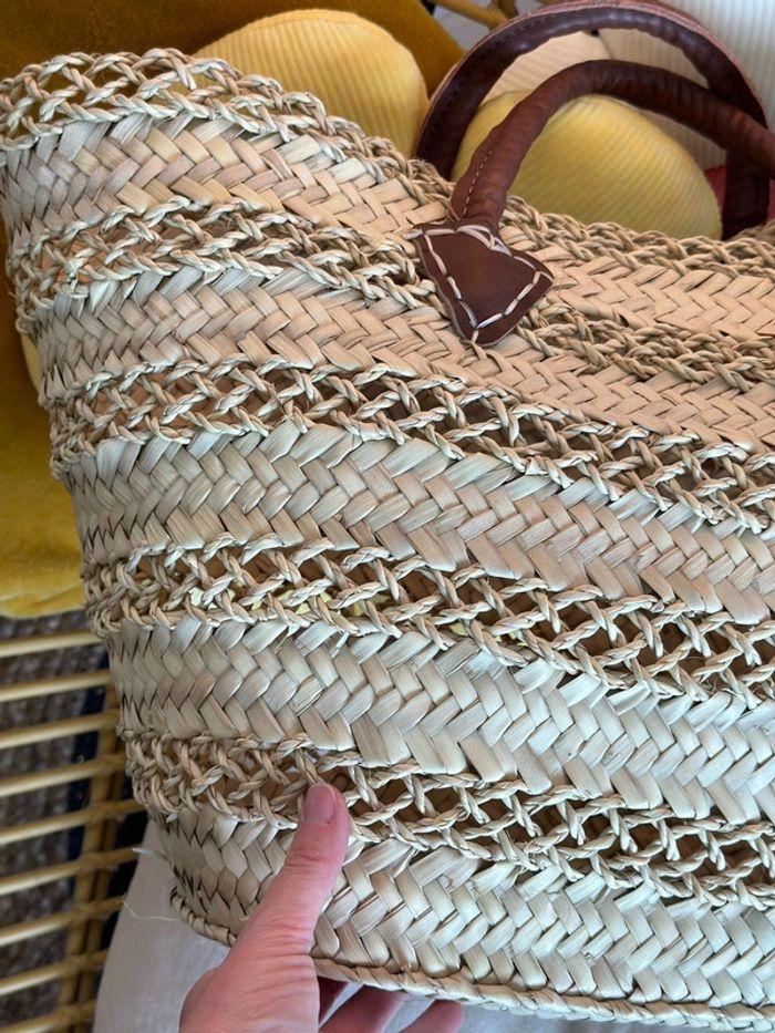 Sac panier en osier et paille tressée avec anses en cuir, neuf de fabrication artisanale - photo numéro 5