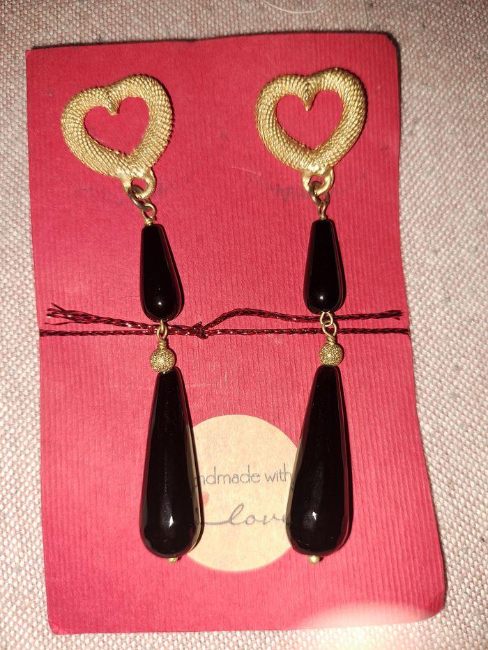 Boucles d oreilles pendantes gouttes onyx veritable et zamak doré - photo numéro 2