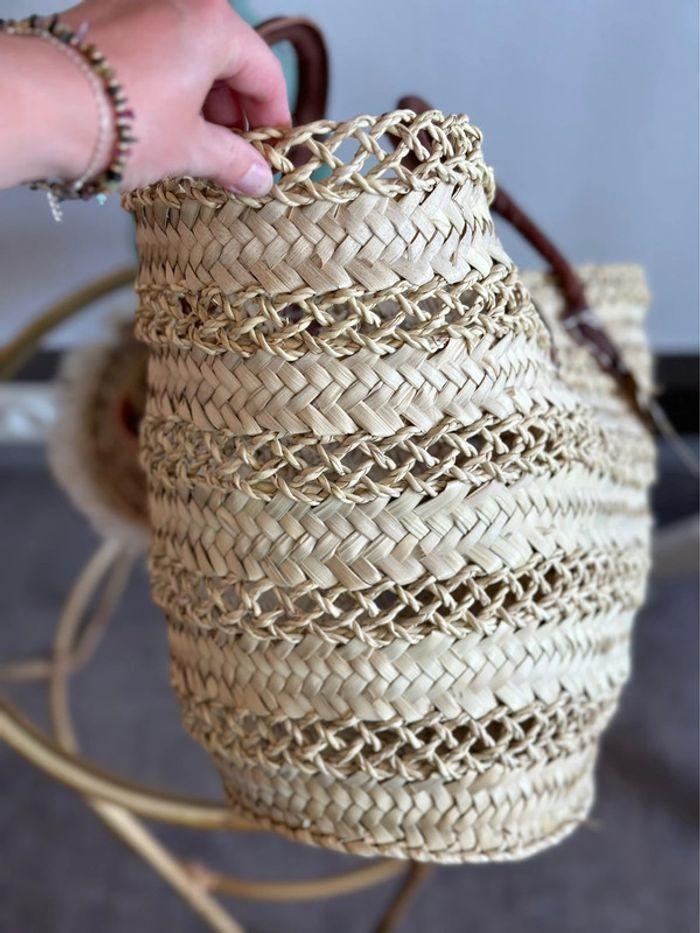 Sac panier en osier et paille tressée avec anses en cuir, fabrication artisanale, neuf - photo numéro 6