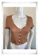 Crop top côtelé maille tee shirt boutonné manches courtes beige camel Shein taille S/36