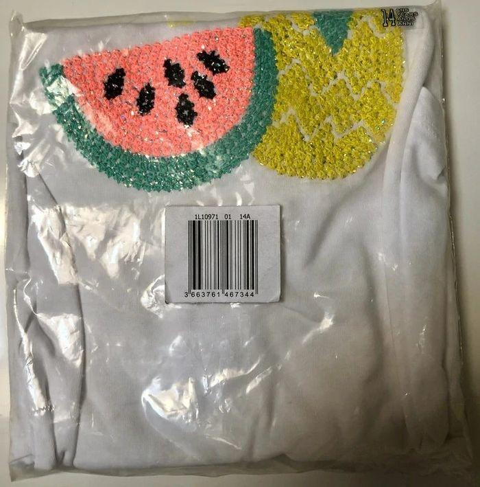 T Shirt pailleté blanc 14 ans motif fruits NЕUF (prix normal: 11eur) - photo numéro 4