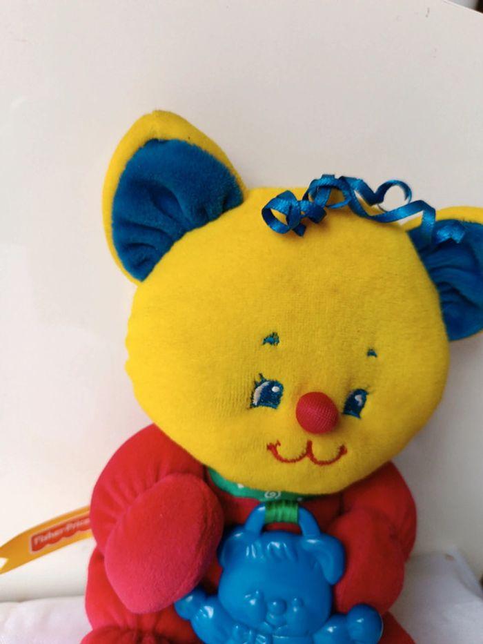 1998 Fisher Price doudou peluche plush ours ourson chat cat multicolore rouge bleu jaune anneau - photo numéro 3