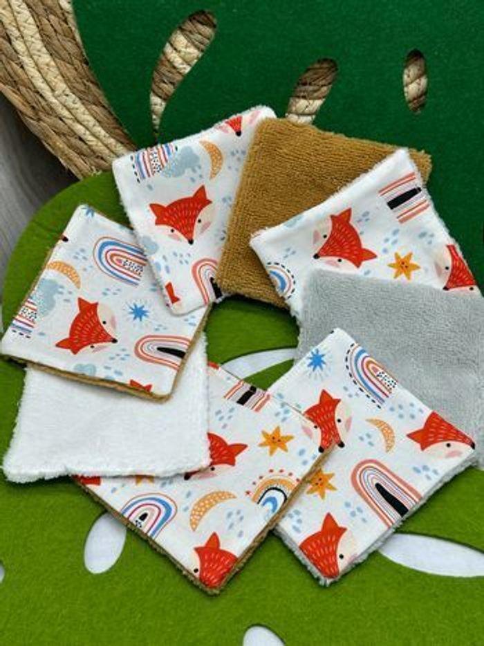 Lingettes bébé lavables lot de 8 motifs renard  en  micro  éponge bambou certifiée oeko-tex - photo numéro 2