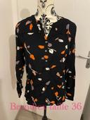 Blouse à manches longues noir motifs orange blanc col V bouton neuf brandtex taille 36