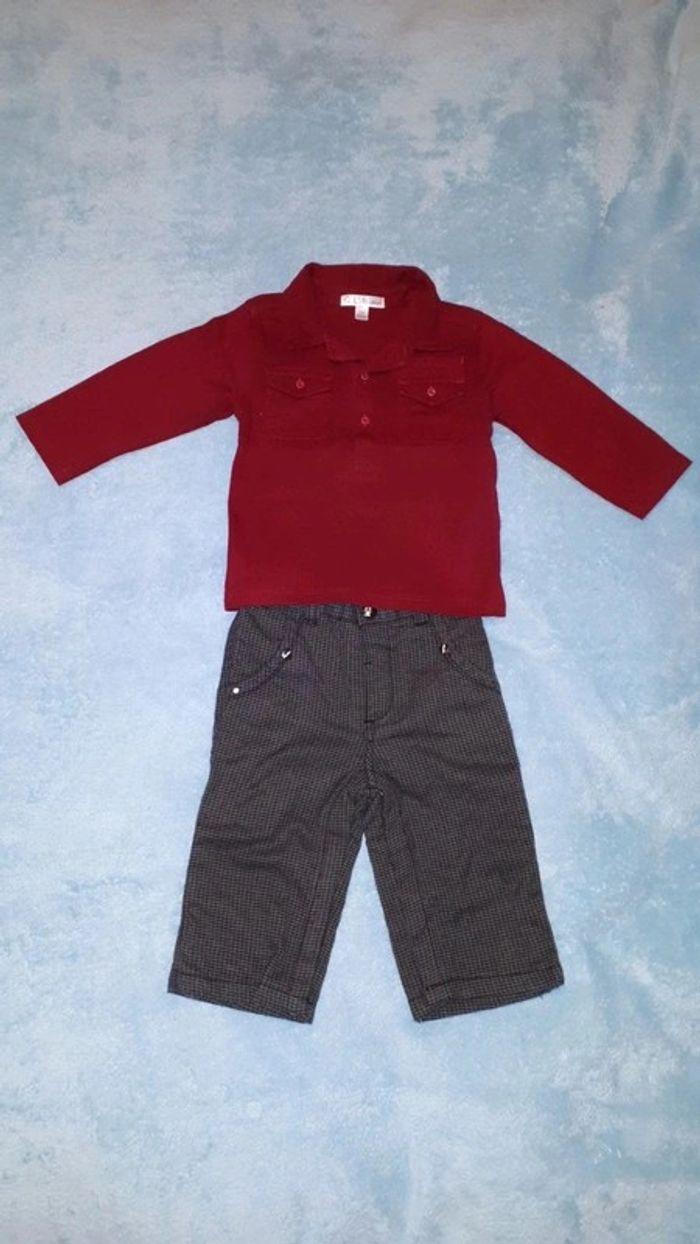 Ensemble 3 pièces garçon polo manches longues pull tricot pantalon bordeaux écru gris Kitchoun 1 an - photo numéro 2