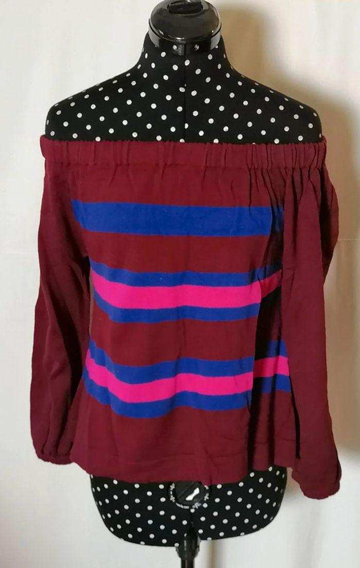 Pull épaules dénudées rayures bordeaux bleu rose taille 1 ou S Monoprix - photo numéro 2