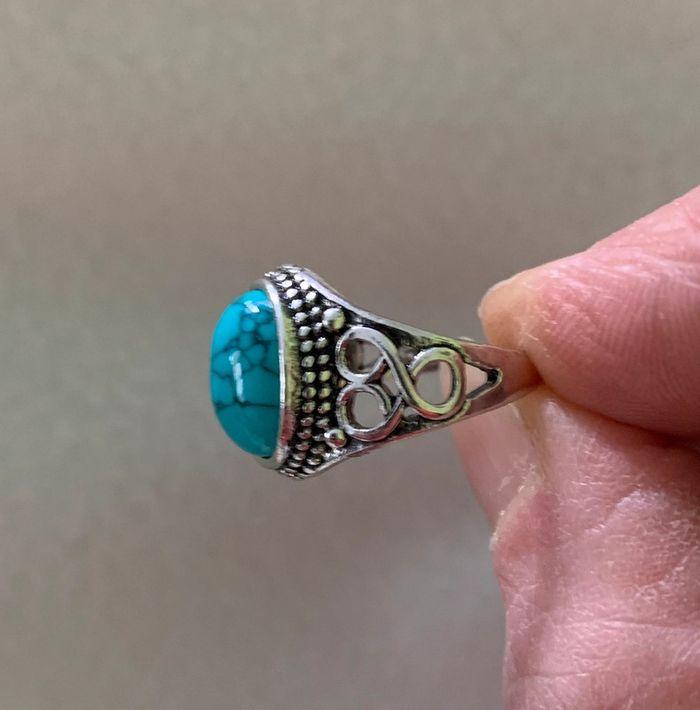 Bague vintage argentée bleue turquoise taille 52/53 - photo numéro 4