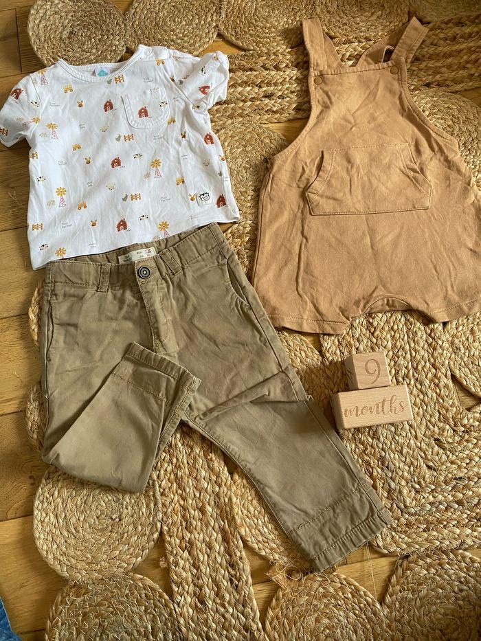 Ensemble salopette camel H&M et pantalon + tee shirt 9 mois - photo numéro 1