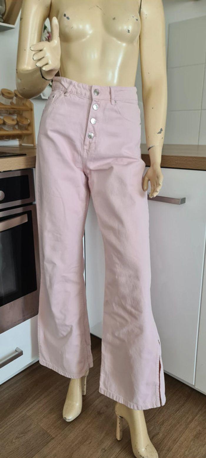 superbe pantalon jeans rose claire jambe large droite jennyfer taille36 - photo numéro 1