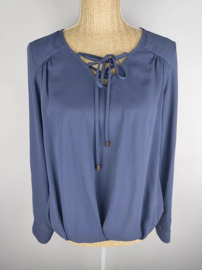 Blouse manches longues col à lacets bleu gris taille 36 Yessica neuve - photo numéro 1