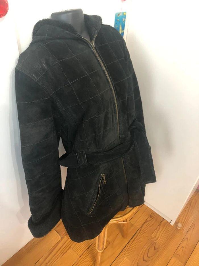 Manteau Parka Veste femme cuir véritable noir daim René Derhy M 38 - photo numéro 4