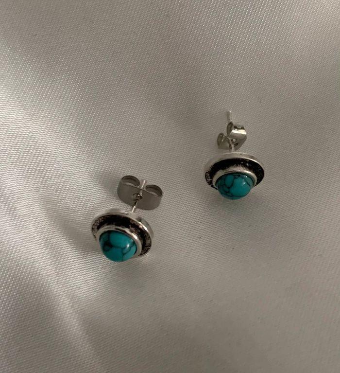 Boucles d’oreilles vintage bleues turquoises et argentées - photo numéro 3