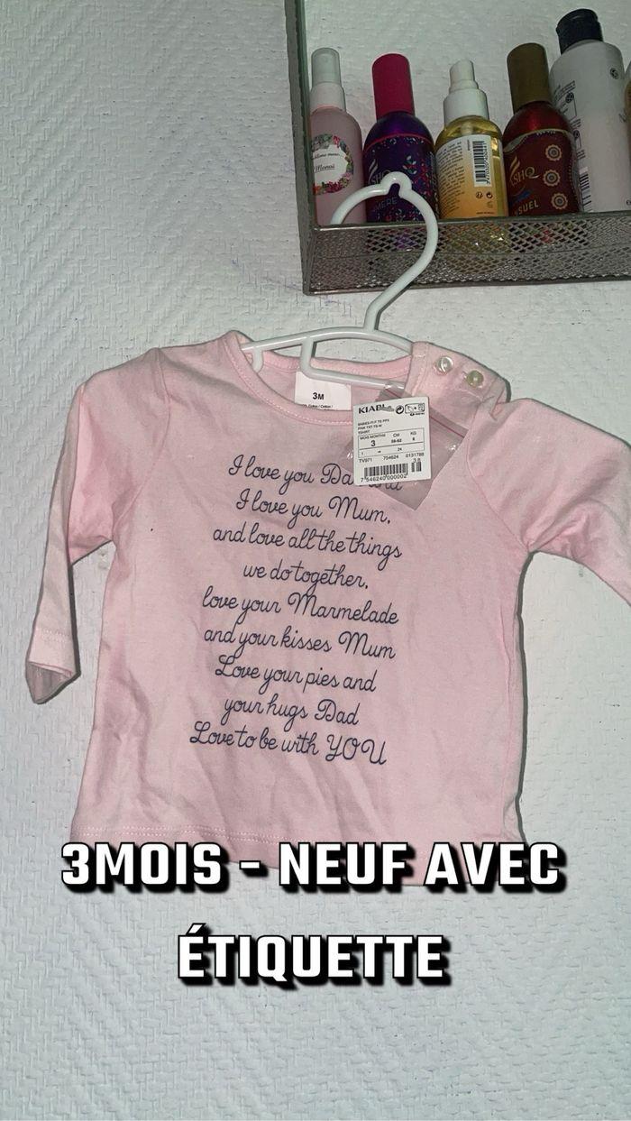 T-shirt manches longues  bébé fille 3m rose j’aime papa j’aime maman Kiabi neuf étiquette