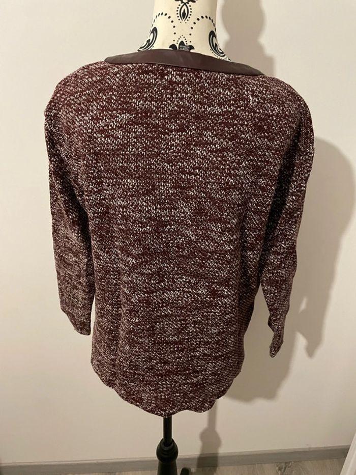 Pull à manches longues bordeaux et blanc col rond en similicuir mango taille S - photo numéro 3