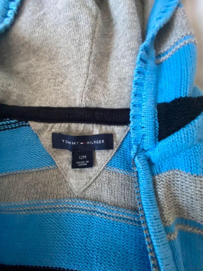 Veste/ cardigan / gilet à capuche en laine bleu à rayures en très bon état - photo numéro 5