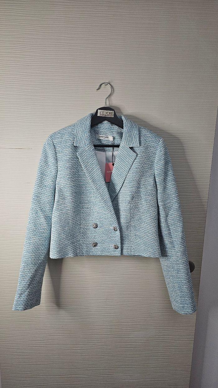 Veste tailleur blazer tweed bleu Naf Naf - photo numéro 1