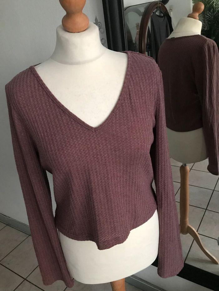 Pull col en V mailles fines mauve 44 🔷 - photo numéro 5