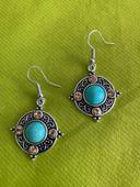 Jolies boucles d’oreilles rondes bleues turquoises en alliage argenté