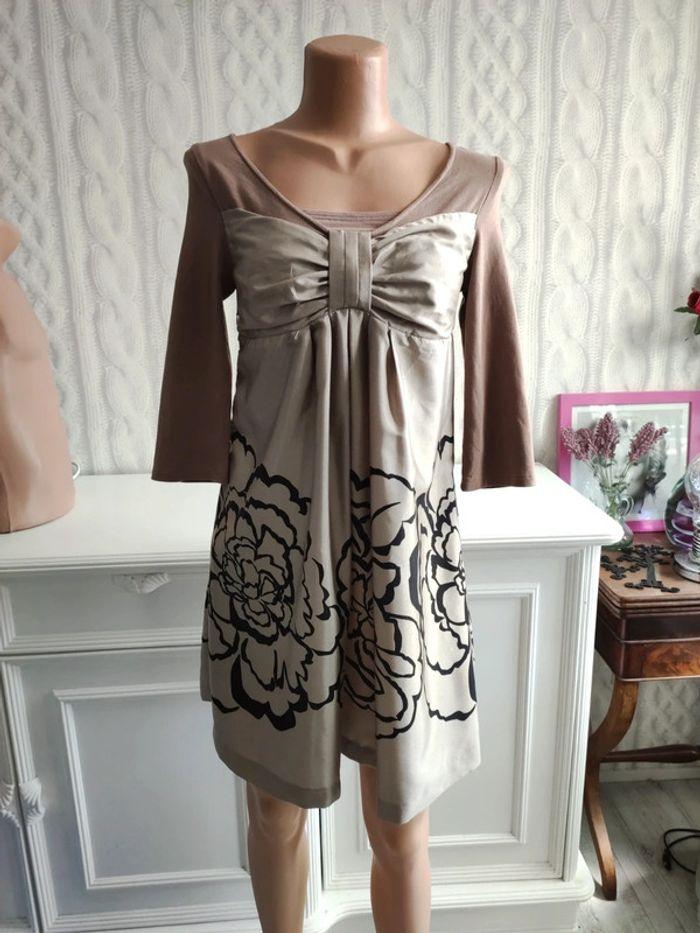 Robe bi-matiere marron beige taille S - photo numéro 1