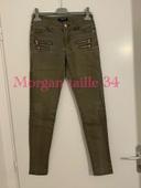 Pantalon jean kaki extensible coupe skinny fermeture devant Morgan taille 34