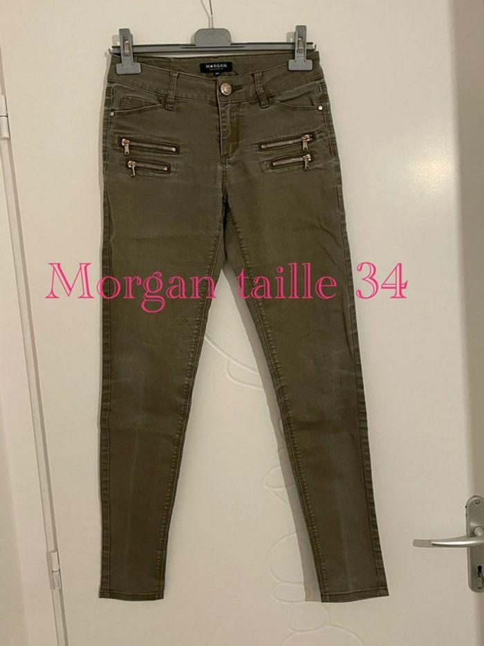 Pantalon jean kaki extensible coupe skinny fermeture devant Morgan taille 34 - photo numéro 1