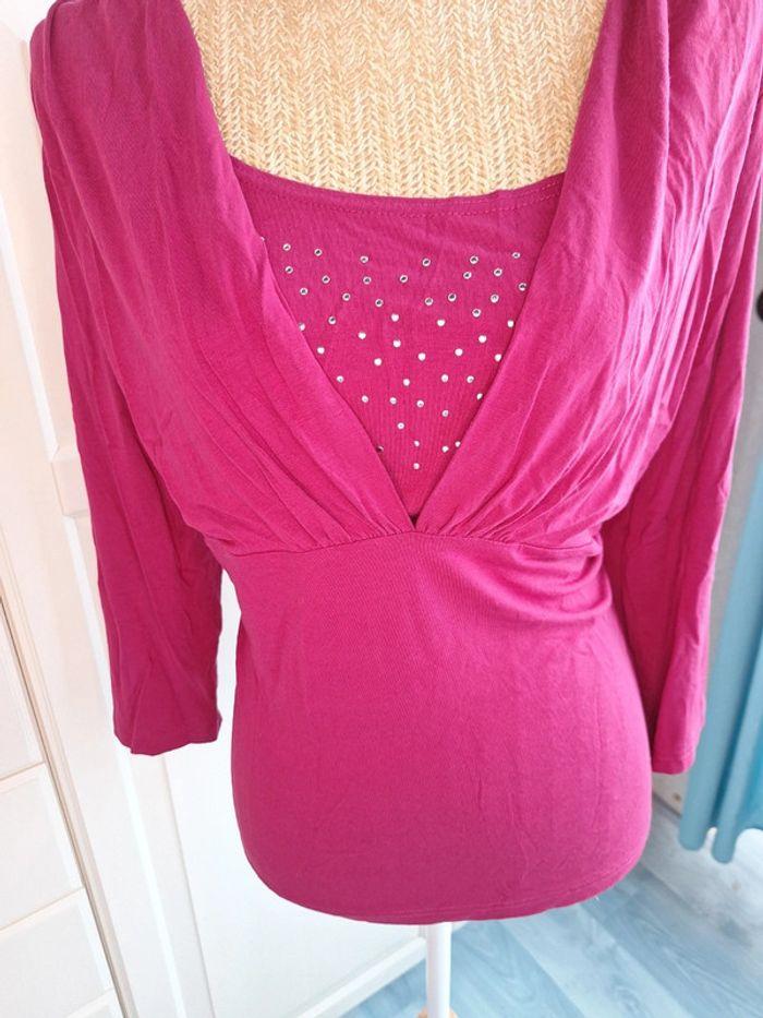 Tee-shirt top manches longues 3/4 strass Damart rose fushia taille 46 XXXL - photo numéro 11