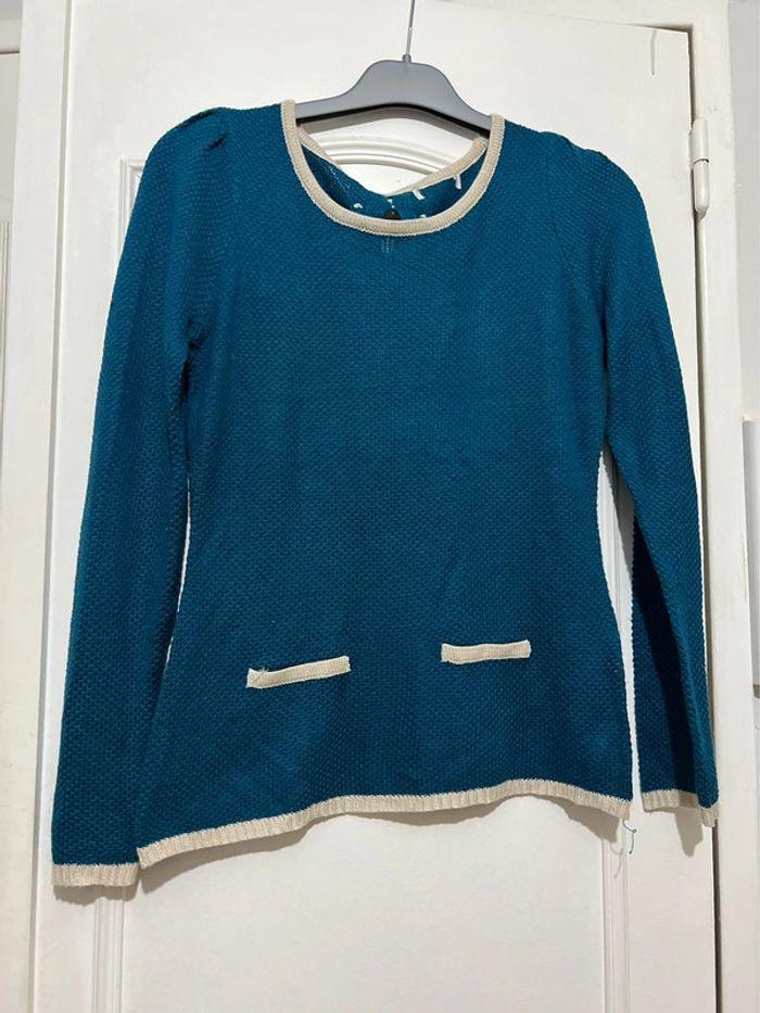 Joli pull original en tricot bleu canard taille S - photo numéro 4