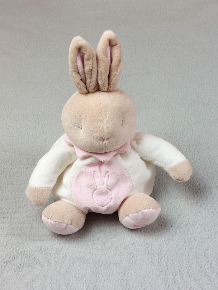 Doudou lapin boule rose blanc tête marron pied rose collerette rose bébé Klorane - photo numéro 1