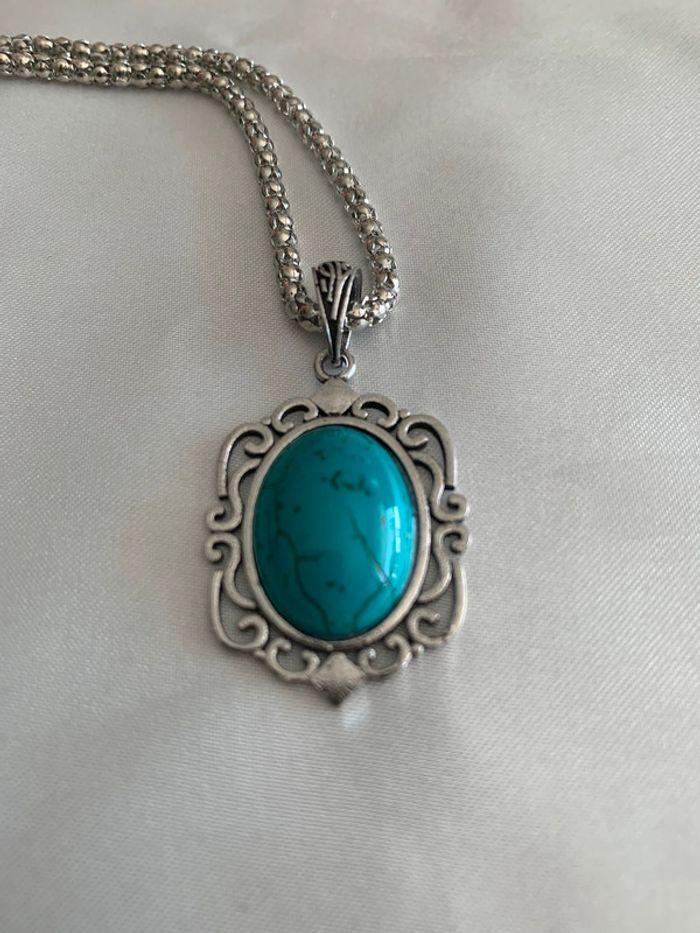 Collier vintage bleu turquoise en alliage argenté - photo numéro 6