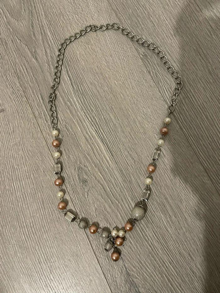 Collier sautoir gris argenté perles rose et blanc - photo numéro 1